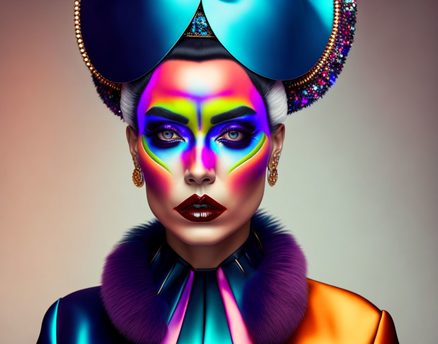 Colorful makeup and extravagant hat portrait against soft background