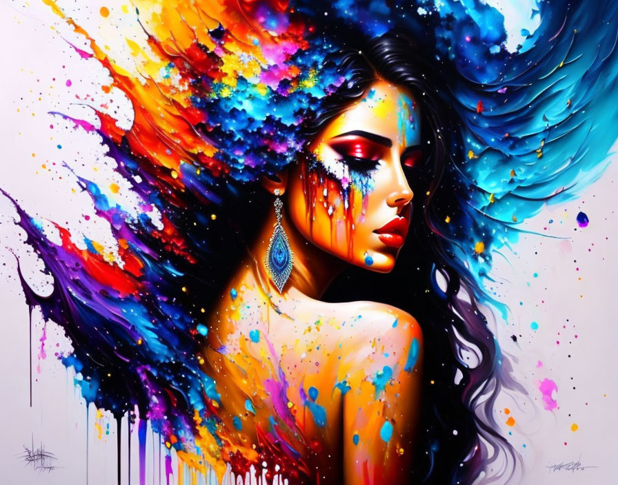 Colorful portrait of a woman with vibrant makeup and explosive hair, featuring artistic paint splashes.