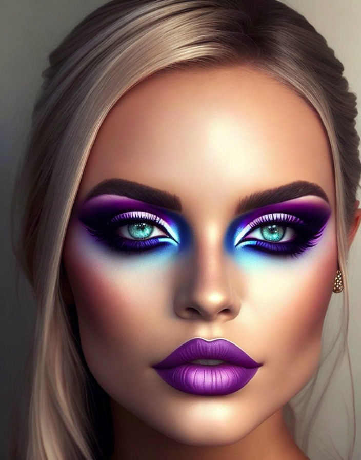 Portrait of a woman with purple makeup: eyeshadow, lipstick, defined eyebrows, and contoured