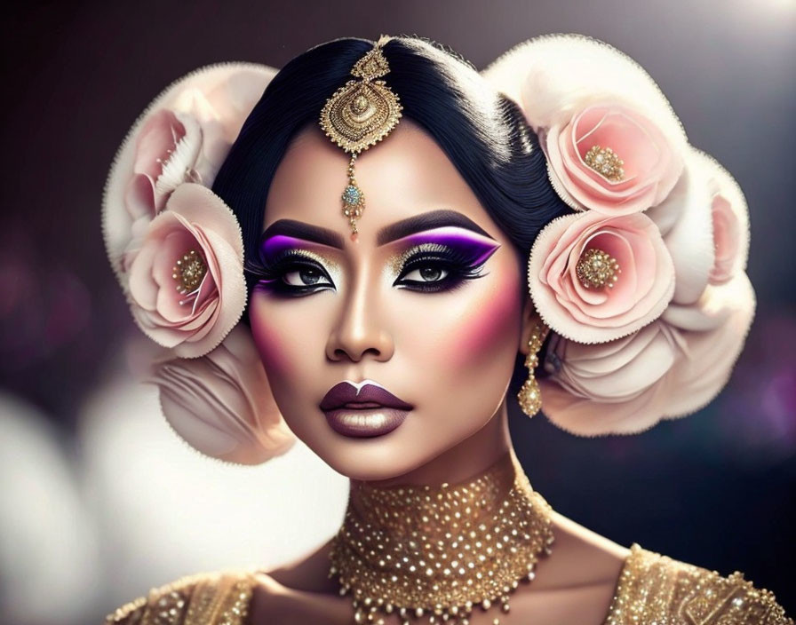 Digital artwork featuring woman with gold jewelry, dramatic makeup, and rose hair adornments