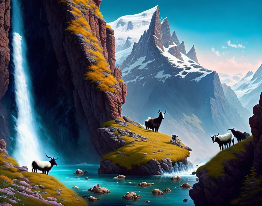 Scenic mountain landscape with waterfall, goats, and snowy peaks