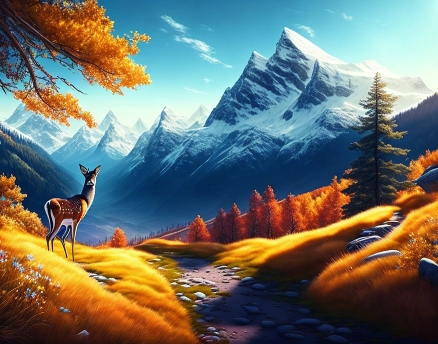 Autumnal forest scene: deer by path, orange trees, snowy mountains.