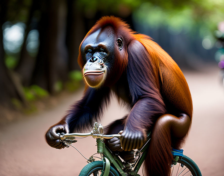 Photorealistic image: Orangutan with human-like eyes on bicycle in forest