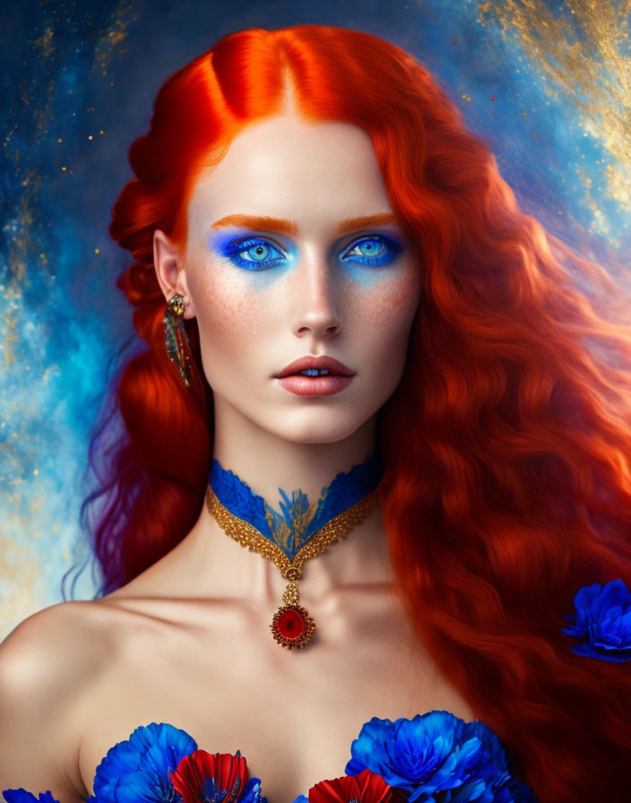 Woman with Red Hair, Blue Eyes, and Floral Necklace in Cosmic Setting