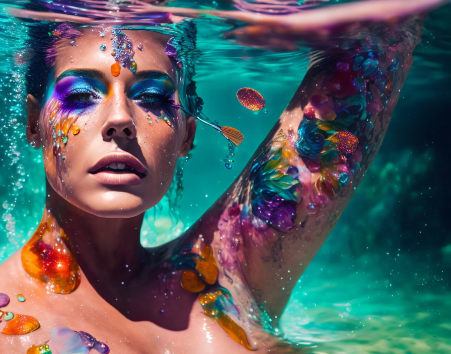 Colorful Makeup and Sequins Emerging from Clear Blue Water