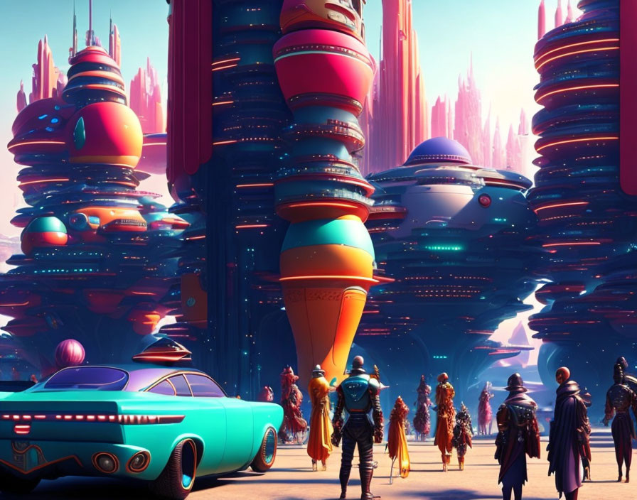 Colorful skyscrapers and diverse residents in sci-fi attire in a futuristic cityscape.