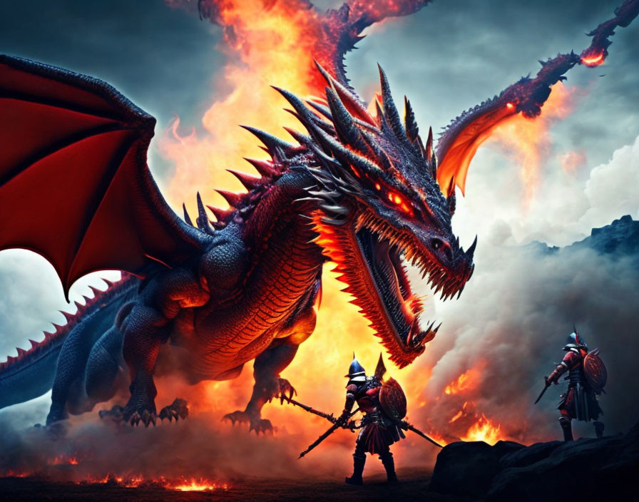 Enormous red dragon dominates scene with knights in fiery chaos