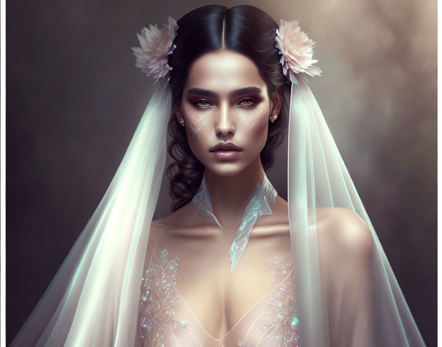 Digital artwork of woman with fantasy theme, sheer veil, floral hair, crystal gown