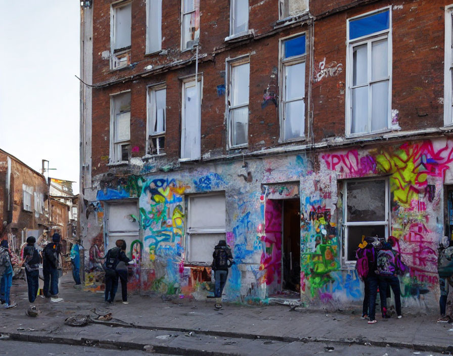 Group of People Standing in Front of Graffiti-Covered Building