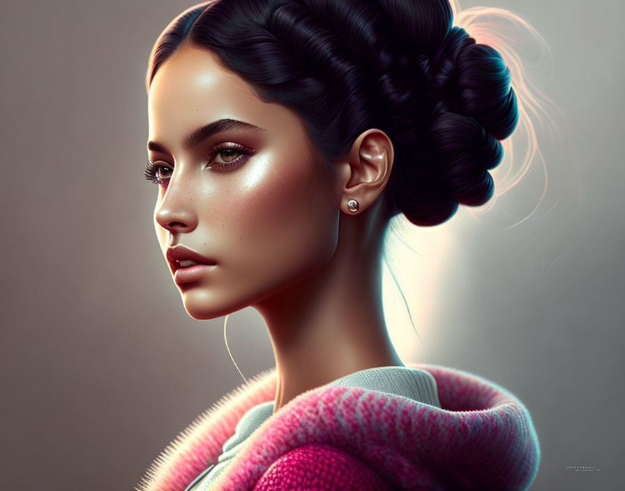 Digital portrait: Woman with braided hair in pink knit sweater