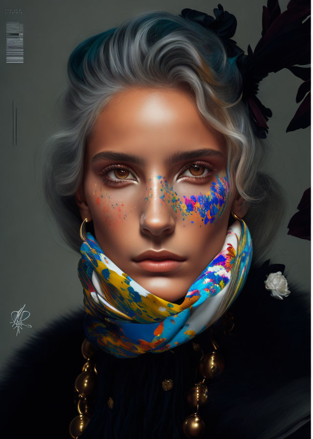 Silver-haired woman with vibrant paint splashes, colorful scarf, and gold earrings