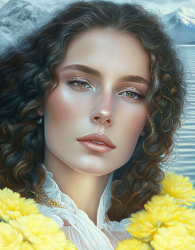 Portrait of woman with curly brown hair and blue eyes among yellow flowers and snow.