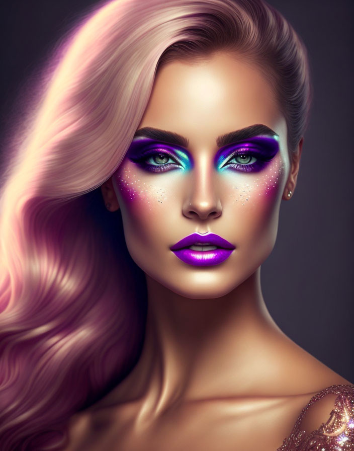 Colorful digital artwork: Woman with vibrant purple and blue makeup, glitter accents, and pink hair