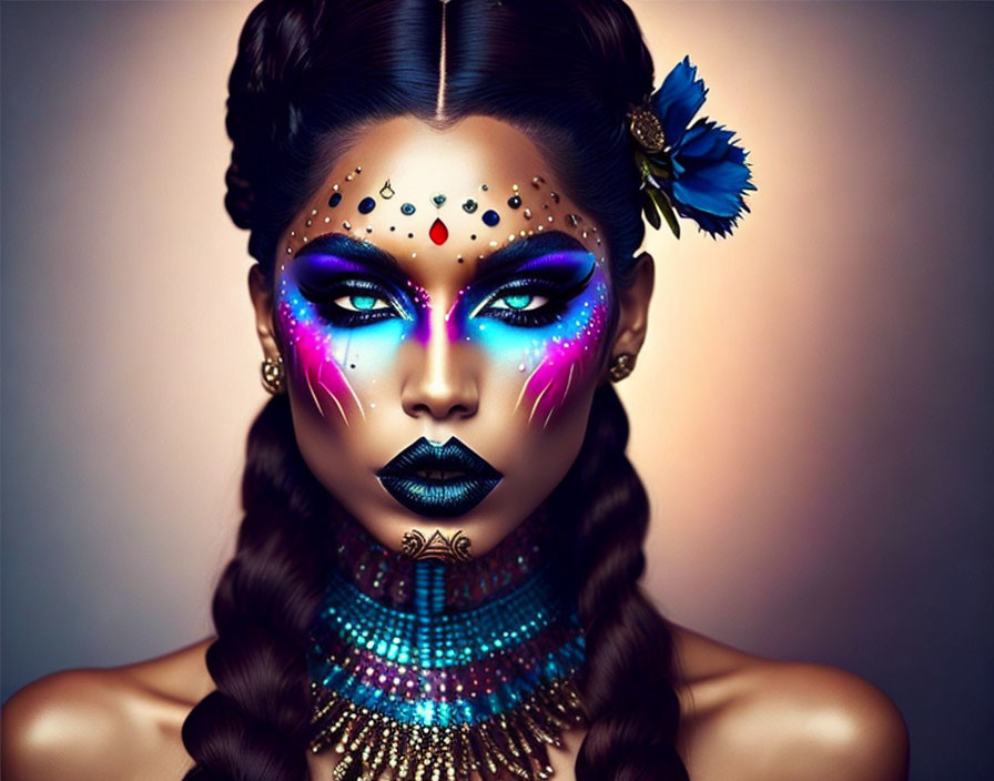 Digital artwork of a woman with luminous fantasy makeup, blue flower, and beaded necklace.