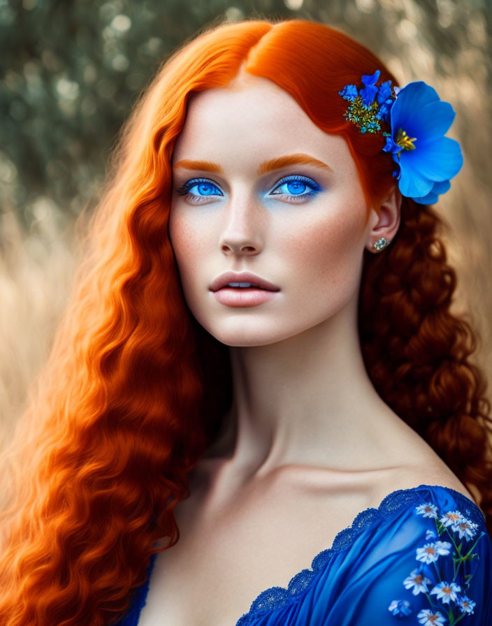 Vibrant red-haired woman with blue eyes in floral attire against natural backdrop