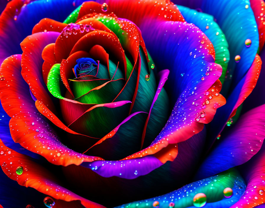 Multicolored rose with water droplets: Red to blue spectrum