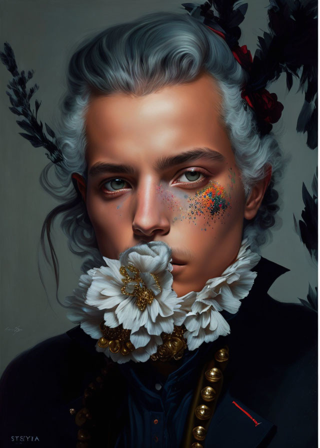 Portrait of person with silver hair, black and red floral accessory, white flower in mouth, gold necklace