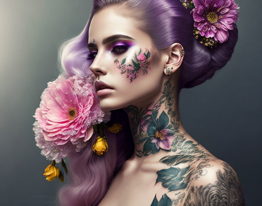 Purple-haired woman with floral tattoos and matching makeup featuring real flowers.