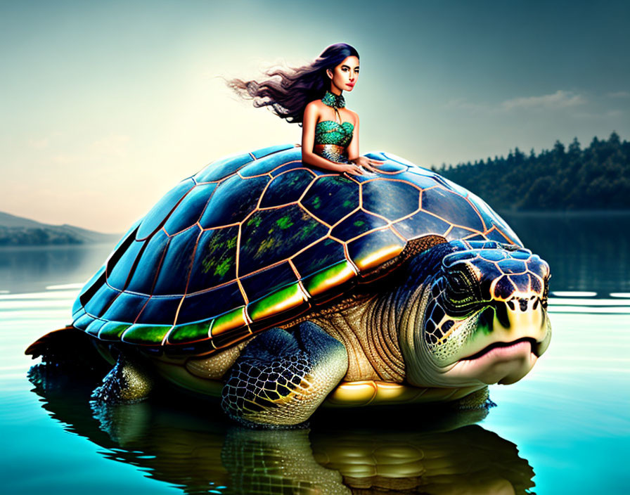 Woman in elegant gown on digital-art turtle by serene lake