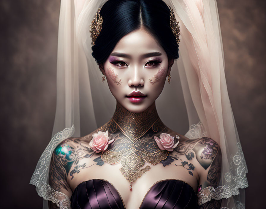 Portrait of woman with tattoos, veil, corset, elegant hairstyle, and dramatic makeup