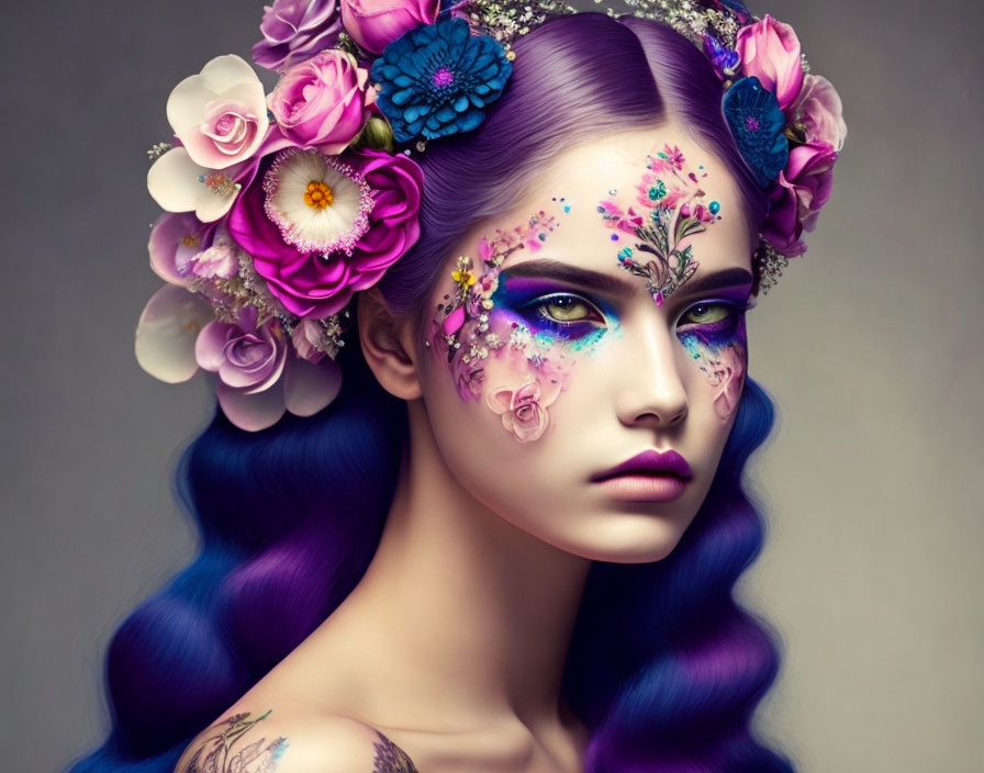 Vibrant purple hair with floral face paint and flower crown embodies mystical artistic vibe