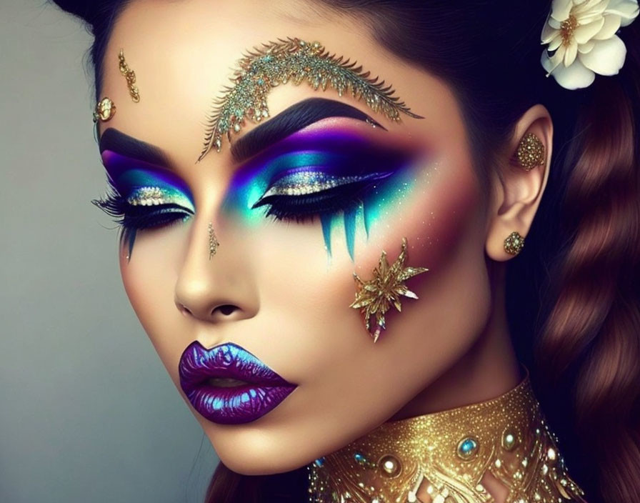 Colorful Makeup Look with Blue and Purple Eyeshadow and Metallic Purple Lips