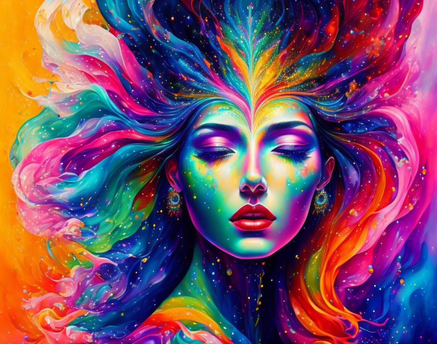 Colorful Artwork: Woman with Rainbow Hair and Closed Eyes