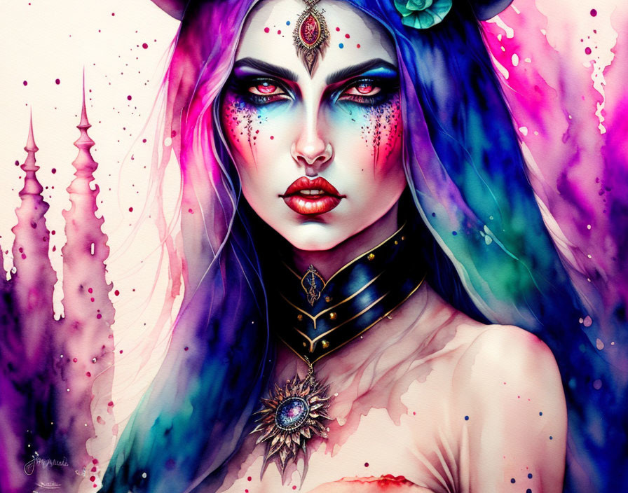 Digital artwork featuring woman with purple skin, blue eyes, mystical jewelry, and colorful hair