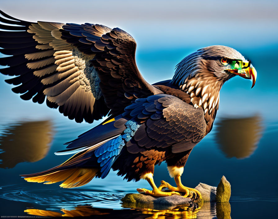 Majestic eagle perched on rock with wings partially spread in water reflection.