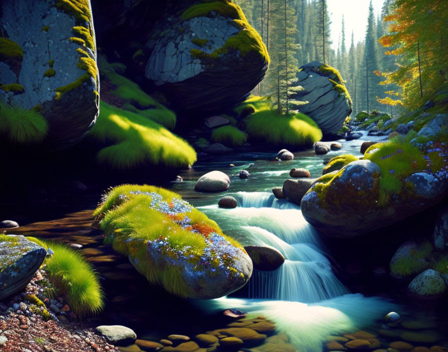 Serene Forest Stream with Sunlight, Moss-Covered Rocks & Waterfall