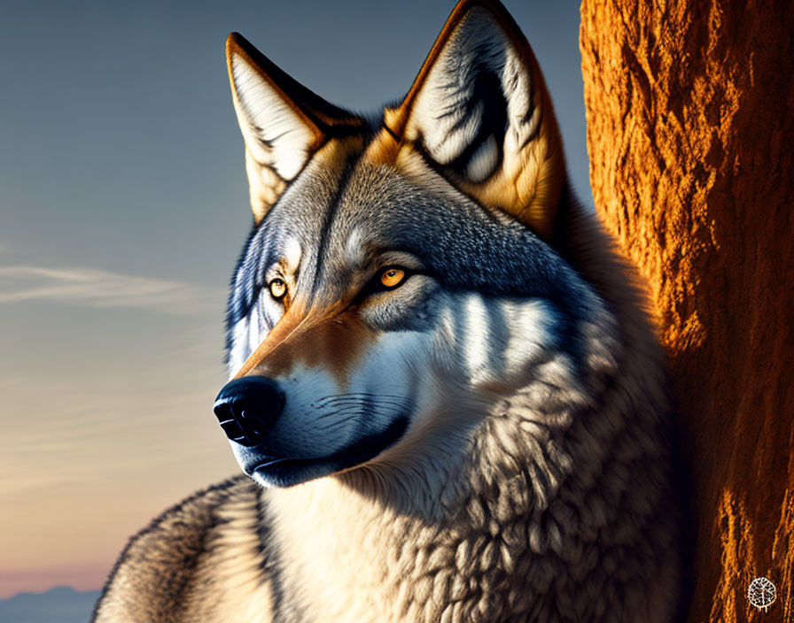 Realistic wolf illustration with detailed fur against amber sunset sky