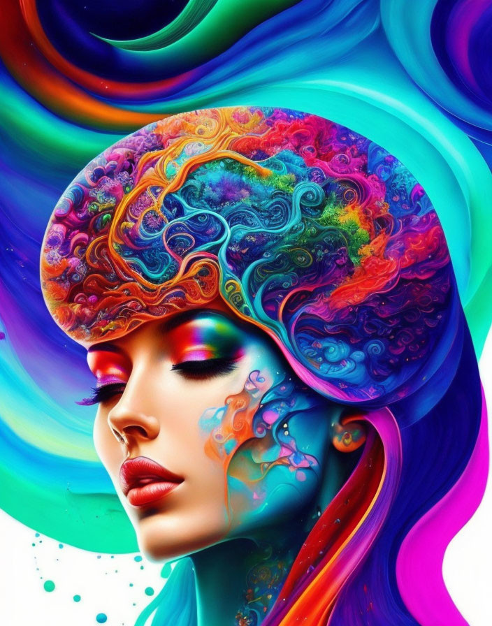 Colorful Psychedelic Brain Artwork Featuring Woman's Portrait