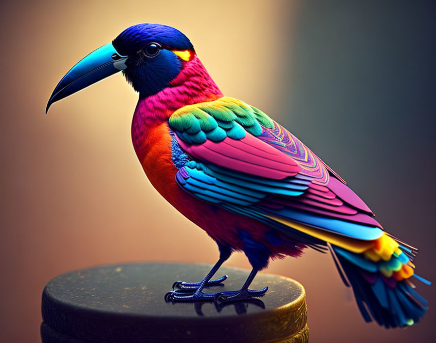 Colorful Bird with Blue Beak, Pink Chest, Yellow & Blue Wings, Purple Head on Stand