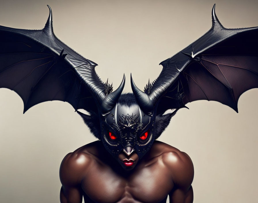 Demonic bat-themed costume with large wings and red eyes