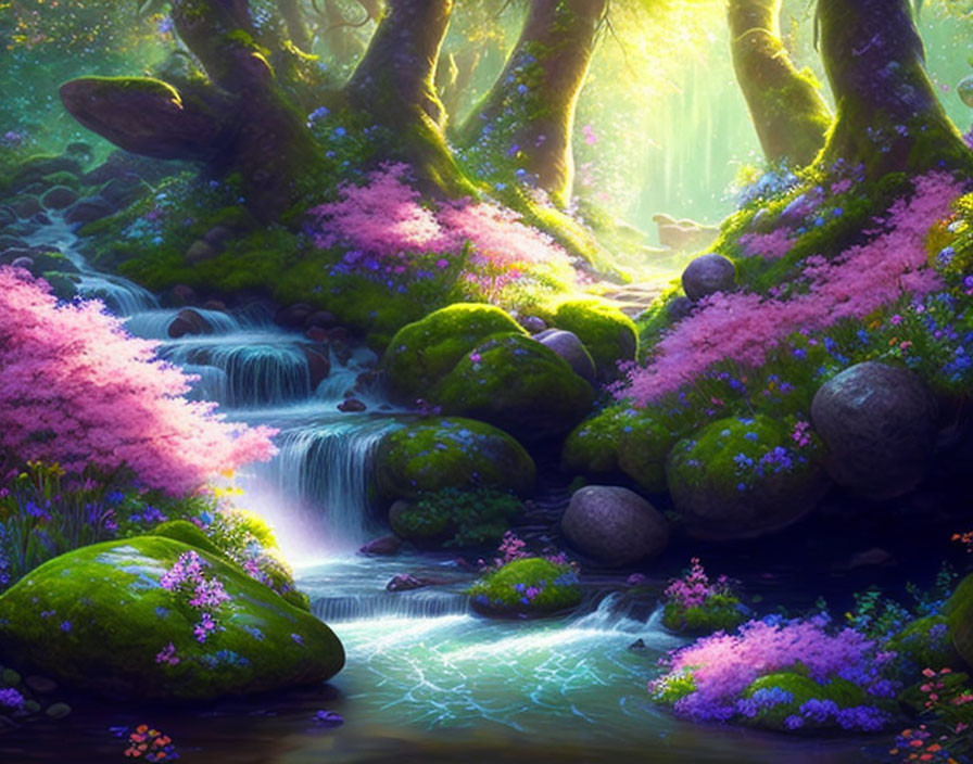 Mystical forest landscape with sunlight, blossoms, moss, rocks, and stream