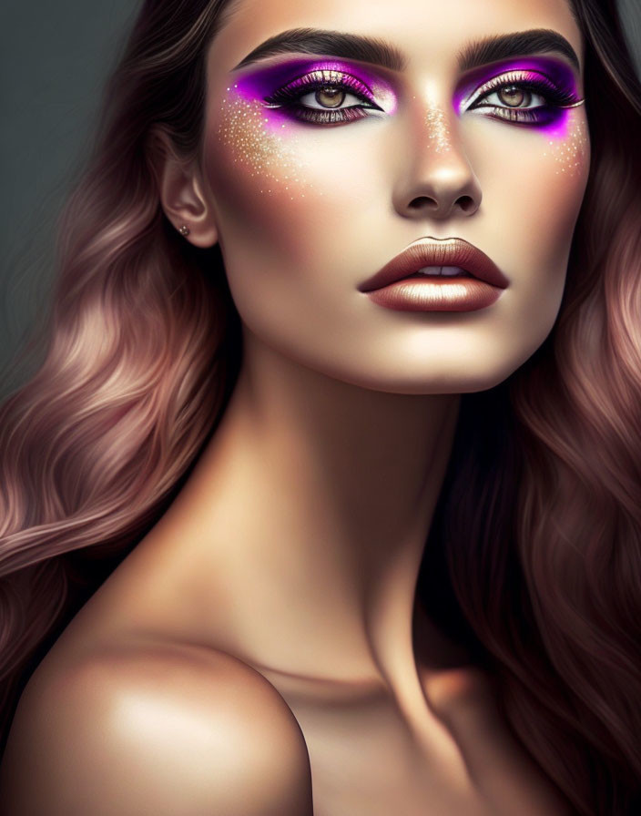 Bold Purple Eyeshadow Woman on Neutral Background