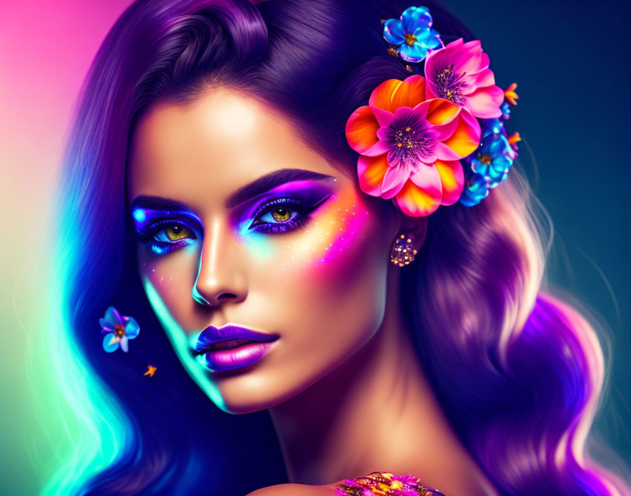 Colorful digital portrait of a woman with glowing makeup and flowers on neon background