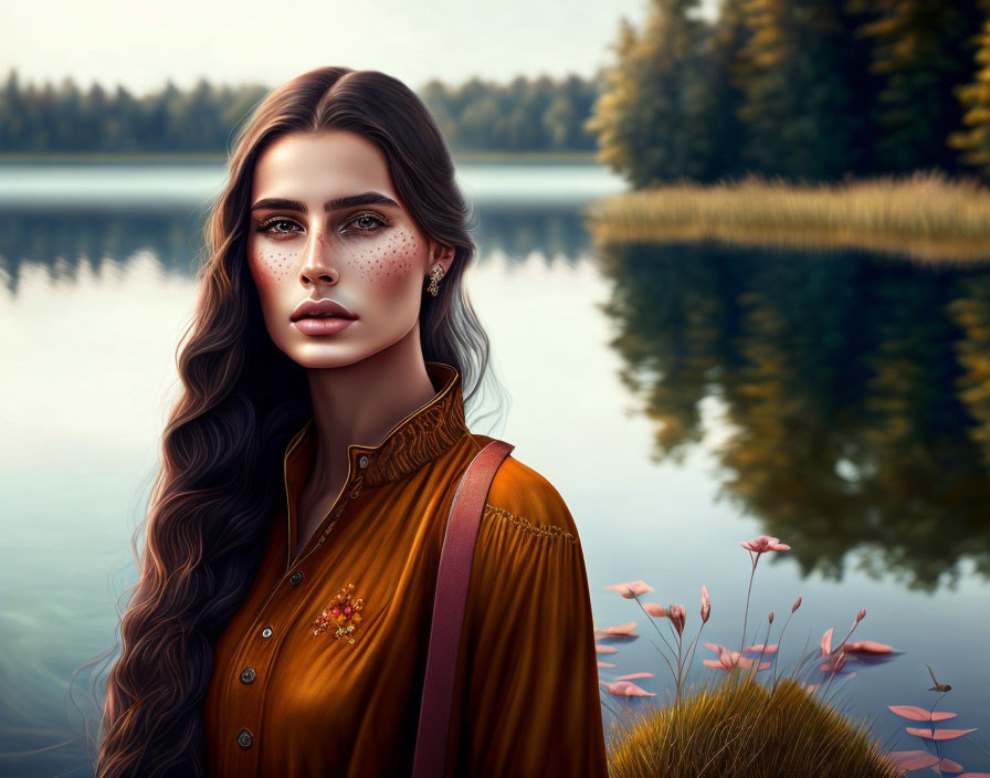 Illustrated woman with long hair by serene lake.