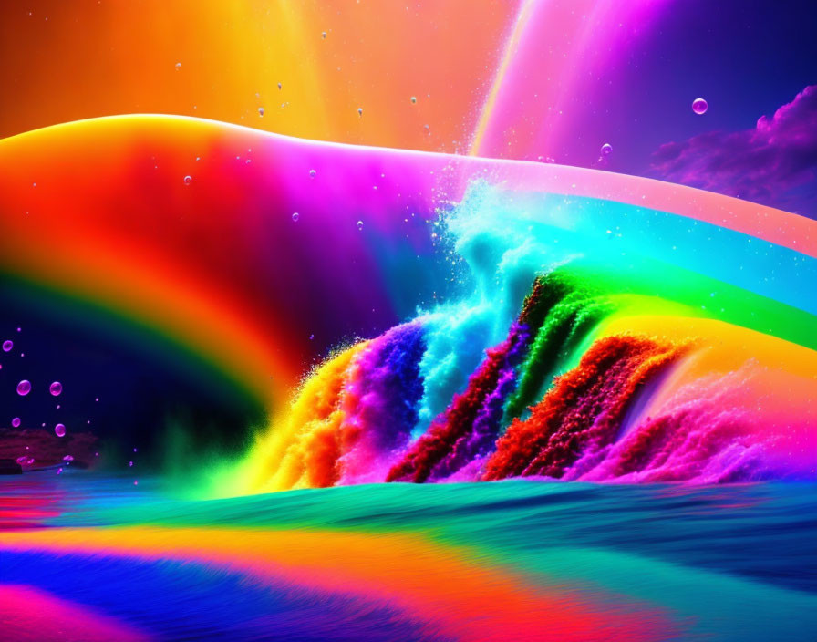 Vivid surreal landscape: cosmic rainbow wave, neon ocean, star-speckled sky