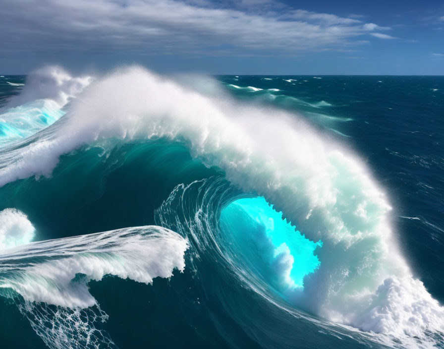 Dynamic Ocean Wave Cresting in Deep Blue Sea