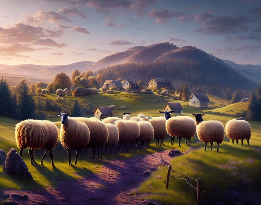 Tranquil sunset landscape with sheep, winding path, village, and hills