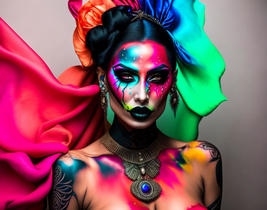 Vibrant face paint and tattoos with swirling fabric in dramatic pose