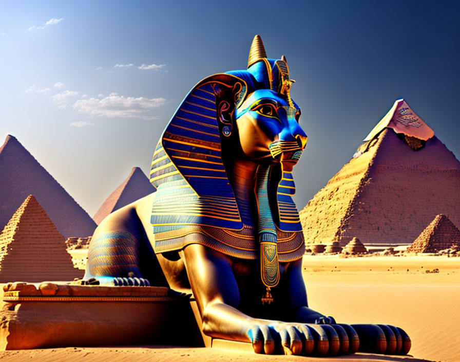 Colorful Great Sphinx and Pyramids of Giza illustration with Egyptian motifs