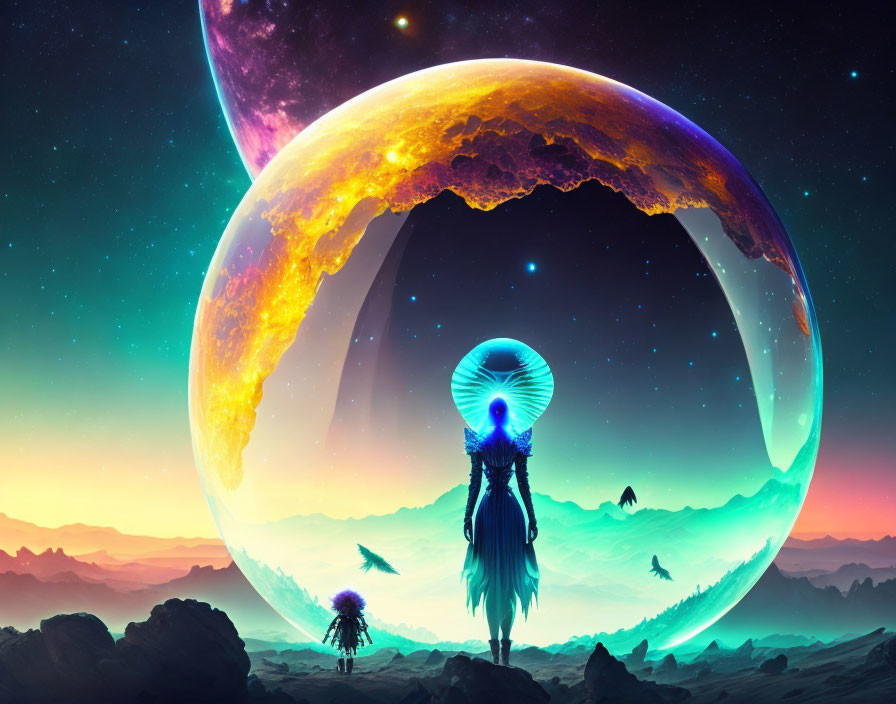 Surreal landscape with glowing hoop headpiece and colorful sky