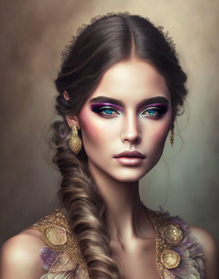 Detailed makeup, braided hair, and embellished attire on a woman portrait.