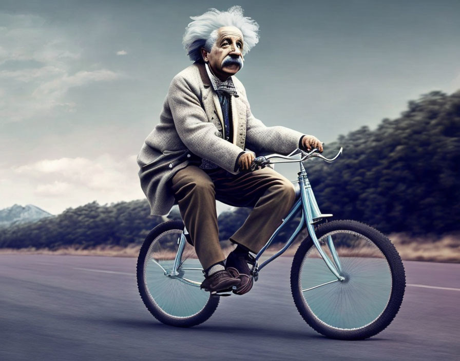 Elderly person resembling Einstein rides blue bicycle on deserted road