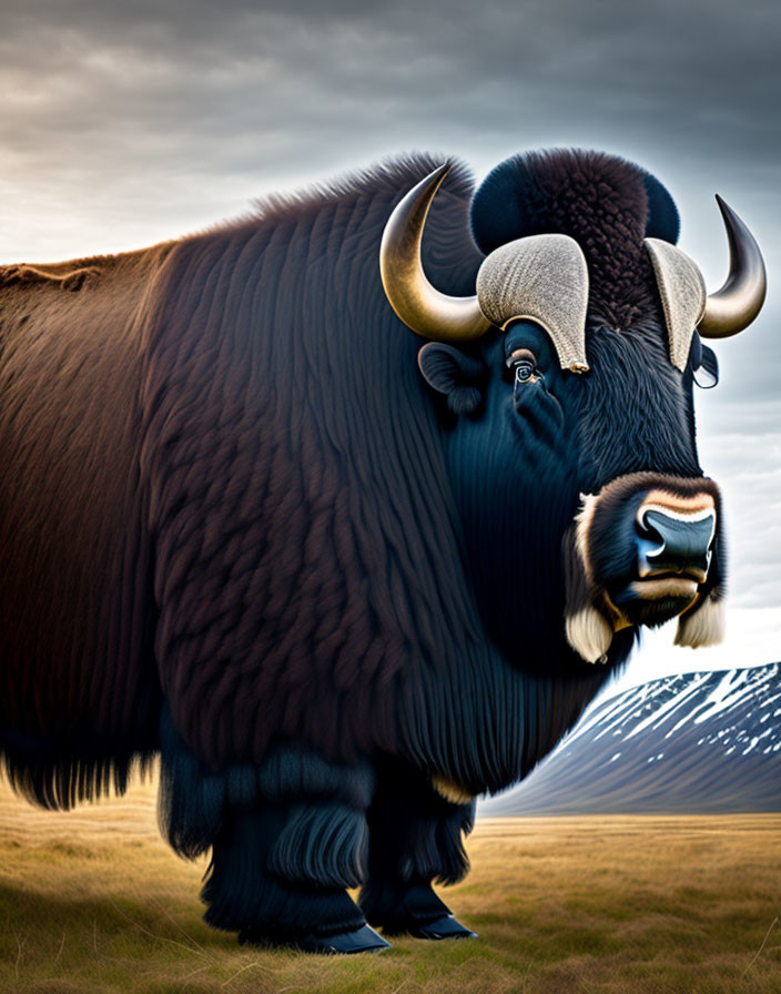 Majestic musk ox on grassy terrain with snowy mountains in background