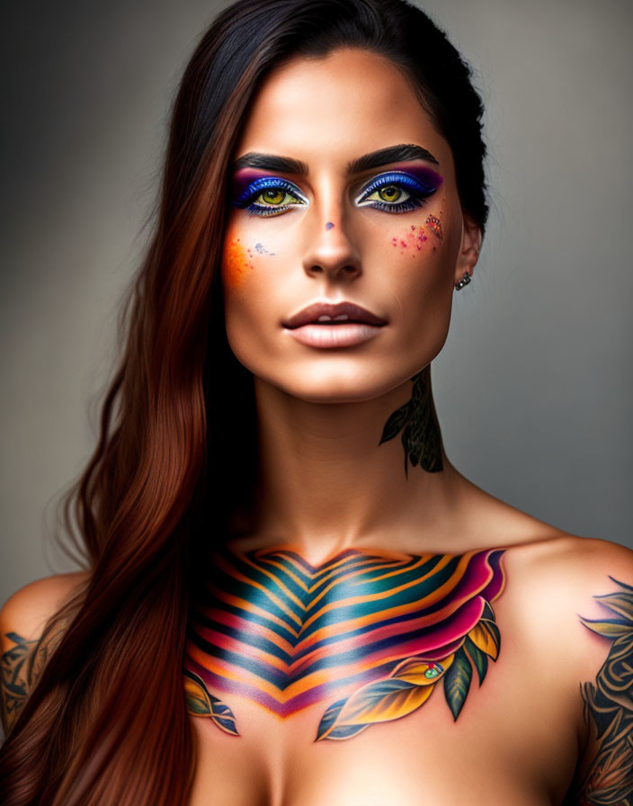 Woman with Vibrant Orange and Purple Eyeshadow, Chest Tattoo, and Long Hair