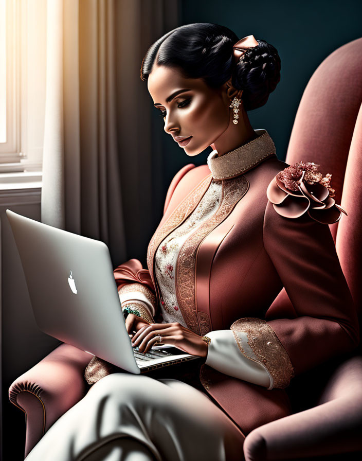 Traditional Outfit Woman Working on Laptop by Window