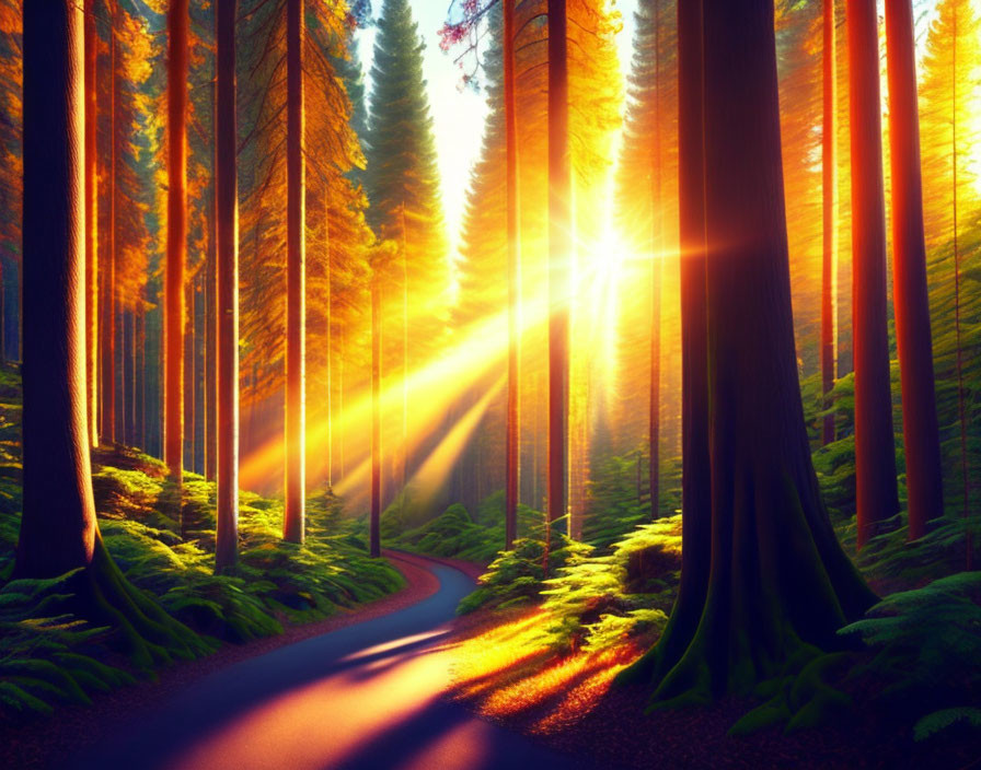 Sunset light rays on winding forest path